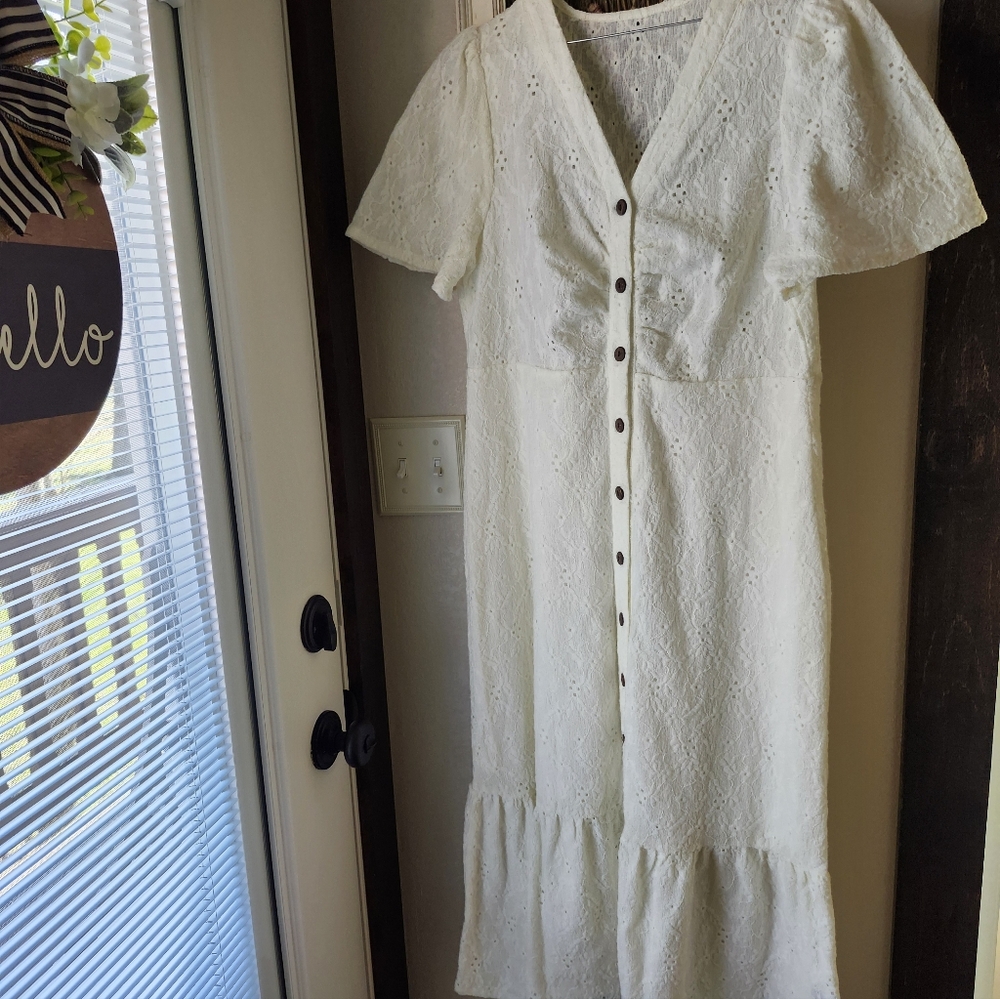 Eyelet Button-Front Midi Dress